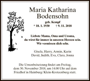 Traueranzeige von Maria Katharina Bodensohn von Offenbach