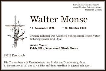 Traueranzeige von Walter Monse von Offenbach