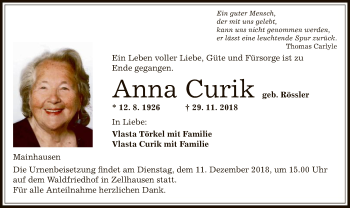 Traueranzeige von Anna Curik von Offenbach