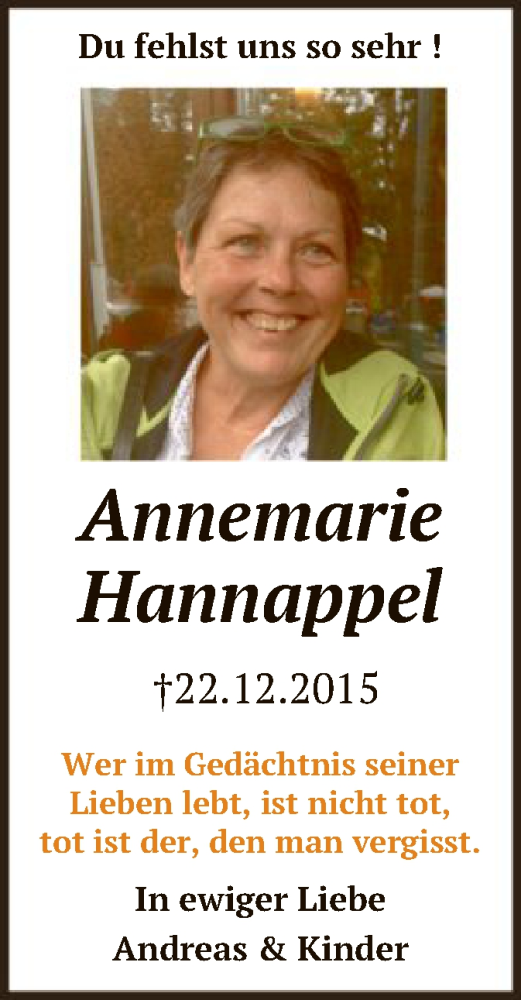  Traueranzeige für Annemarie Hannappel vom 22.12.2018 aus Offenbach
