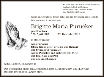 Traueranzeige von Brigitte Maria Purucker von Offenbach