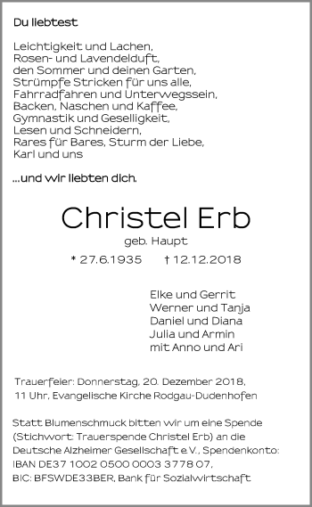 Traueranzeige von Christel Erb von Offenbach