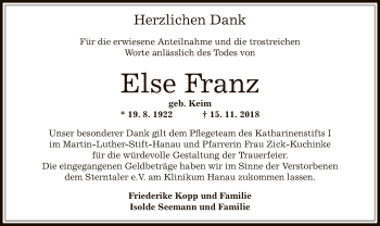 Traueranzeige von Else Franz von Offenbach