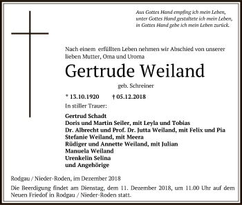 Traueranzeige von Gertrude Weiland von Offenbach