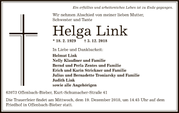 Traueranzeige von Helga Link von Offenbach