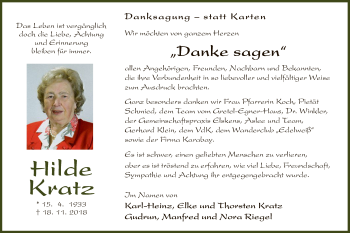 Traueranzeige von Hilde Kratz von Offenbach