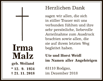 Traueranzeige von Irma Malz von Offenbach