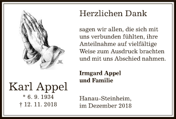 Traueranzeige von Karl Appel von Offenbach