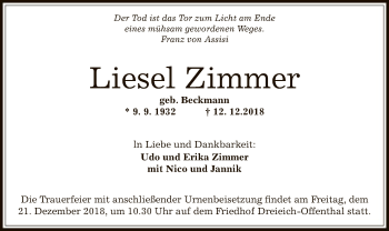 Traueranzeige von Liesel Zimmer von Offenbach