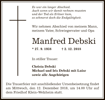 Traueranzeige von Manfred Debski von Offenbach