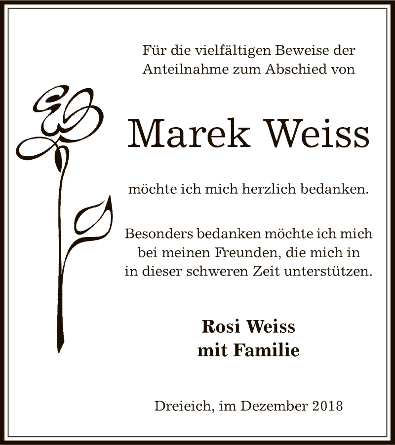  Traueranzeige für Marek Weiss vom 20.12.2018 aus Offenbach