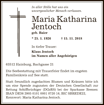 Traueranzeige von Maria Katharina Jentoch von Offenbach