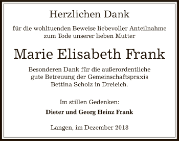 Traueranzeige von Marie Elisabeth Frank von Offenbach