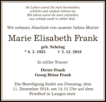 Traueranzeige von Marie Elisabeth Frank von Offenbach