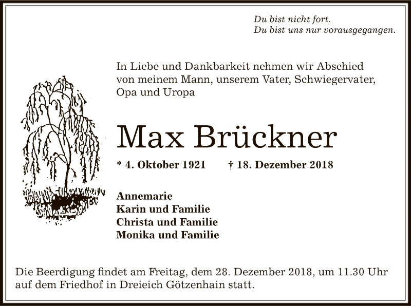  Traueranzeige für Max Brückner vom 22.12.2018 aus Offenbach
