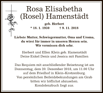 Traueranzeige von Rosa Elisabetha Hamenstädt von Offenbach