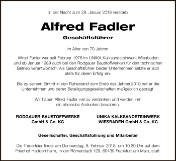 Traueranzeige von Alfred Fadler von Offenbach