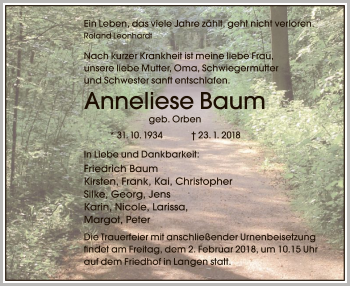 Traueranzeige von Anneliese Baum von Offenbach