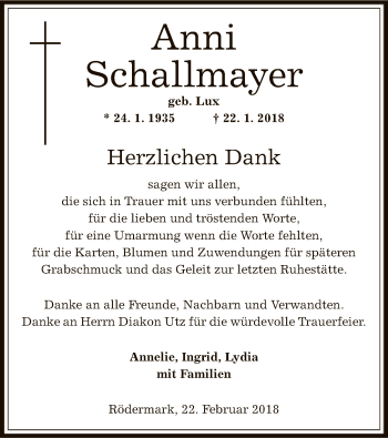 Traueranzeige von Anni Schallmayer von Offenbach