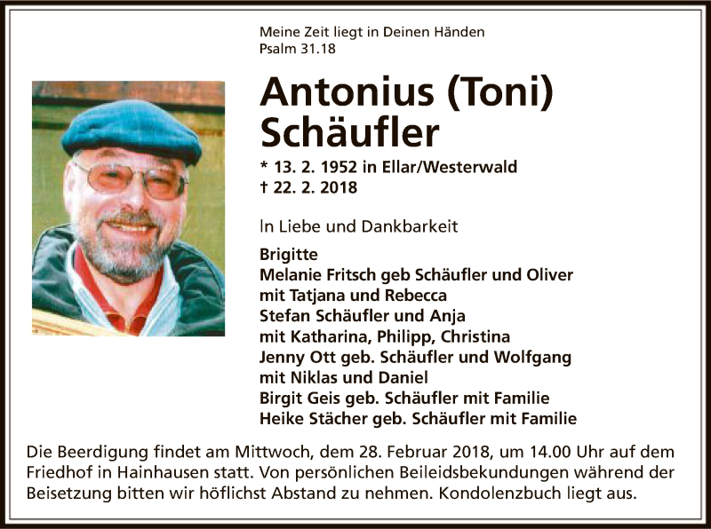  Traueranzeige für Antonius Schäufler vom 24.02.2018 aus Offenbach