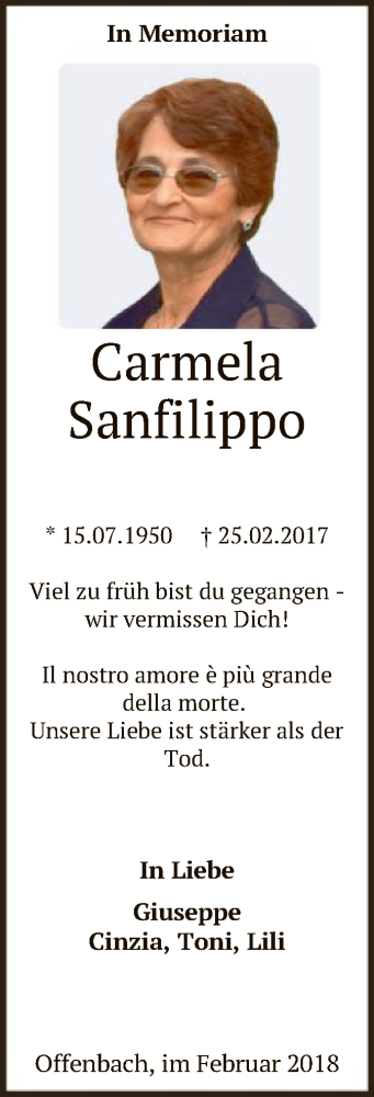 Traueranzeige für Carmela Sanfilippo vom 24.02.2018 aus Offenbach