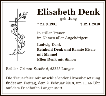 Traueranzeige von Elisabeth Denk von Offenbach