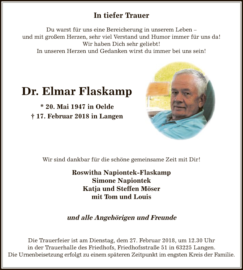  Traueranzeige für Elmar Flaskamp vom 24.02.2018 aus Offenbach