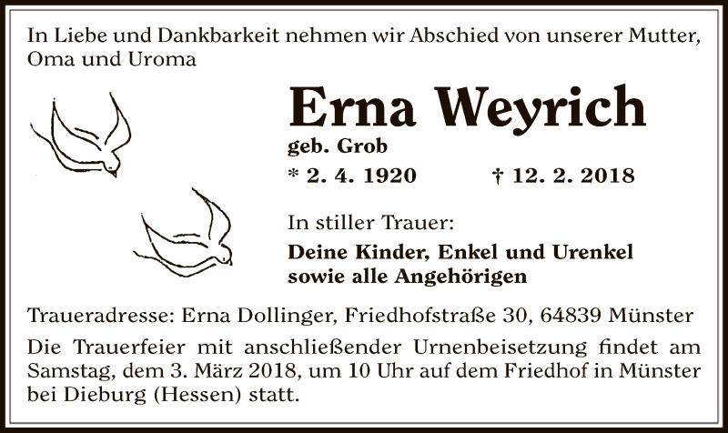  Traueranzeige für Erna Weyrich vom 21.02.2018 aus Offenbach
