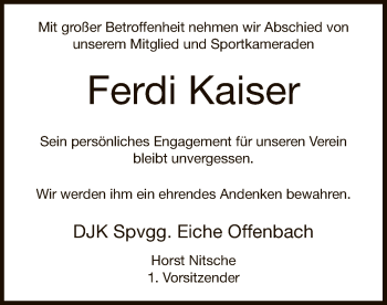 Traueranzeige von Ferdi Kaiser von Offenbach