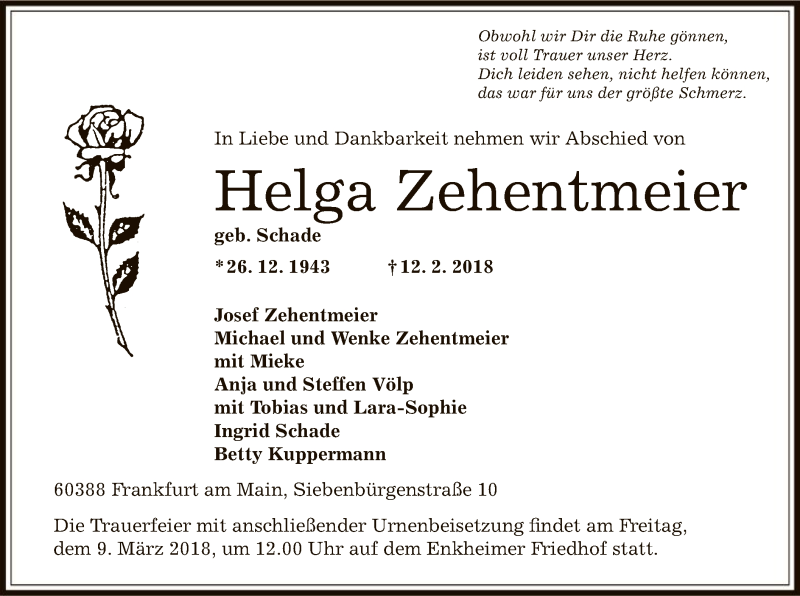  Traueranzeige für Helga Zehentmeier vom 22.02.2018 aus Offenbach