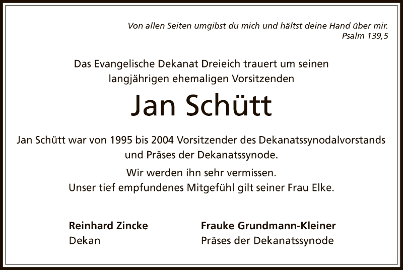  Traueranzeige für Jan Schütt vom 08.02.2018 aus Offenbach