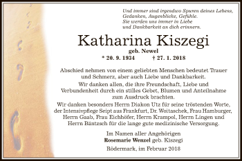 Traueranzeige von Katharina Kiszegi von Offenbach