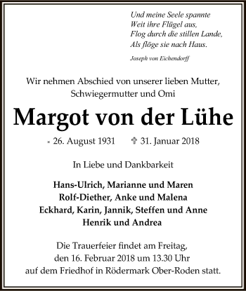 Traueranzeige von Margot von der Lühe von Offenbach