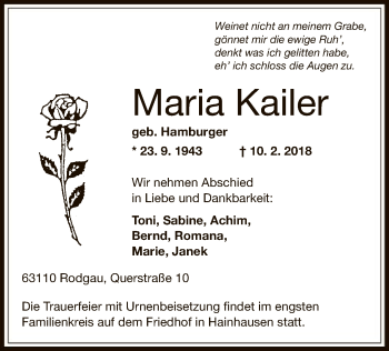 Traueranzeige von Maria Kailer von Offenbach