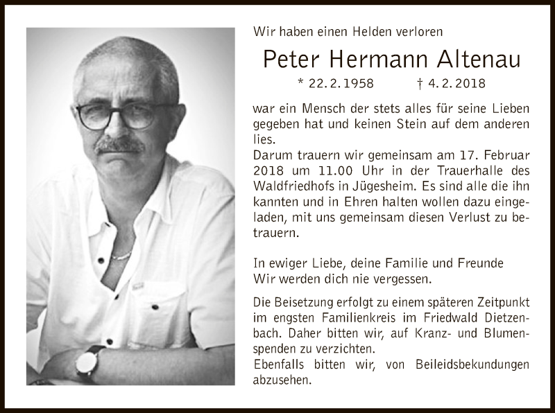  Traueranzeige für Peter Hermann Altenau vom 15.02.2018 aus Offenbach