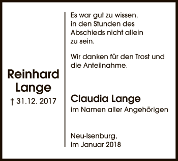 Traueranzeige von Reinhard Lange von Offenbach