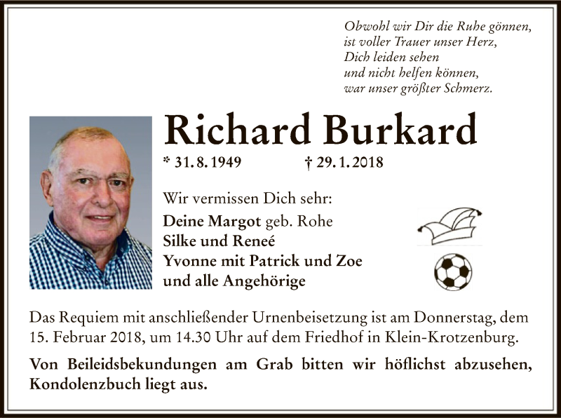  Traueranzeige für Richard Burkard vom 07.02.2018 aus Offenbach