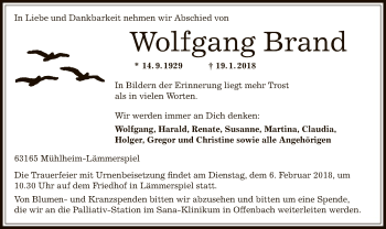 Traueranzeige von Wolfgang Brand von Offenbach