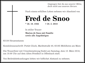 Traueranzeige von Fred de Snoo 