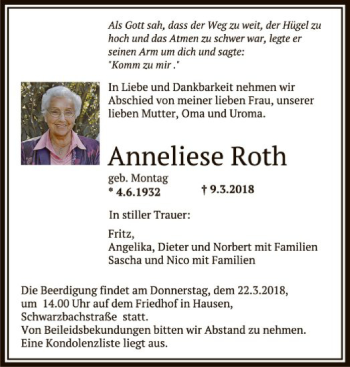 Traueranzeige von Anneliese Roth von Offenbach