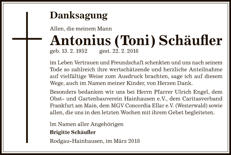  Traueranzeige für Antonius Schäufler vom 29.03.2018 aus Offenbach