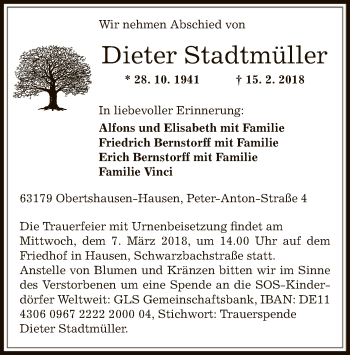 Traueranzeige von Dieter Stadtmüller von Offenbach