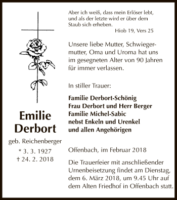 Traueranzeige von Emilie Derbort von Offenbach