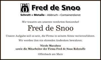 Traueranzeige von Fred de Snoo von Offenbach