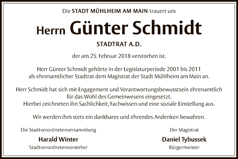  Traueranzeige für Günter Schmidt vom 17.03.2018 aus Offenbach