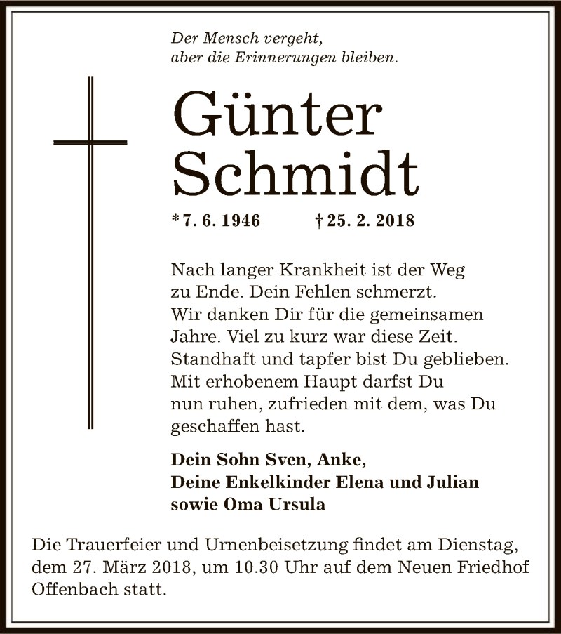  Traueranzeige für Günter Schmidt vom 24.03.2018 aus Offenbach