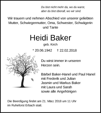 Traueranzeige von Heidi Baker von Offenbach