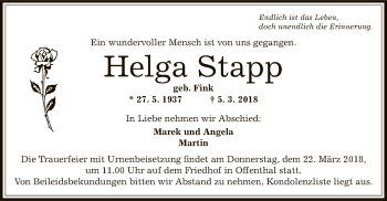 Traueranzeige von Helga Stapp von Offenbach