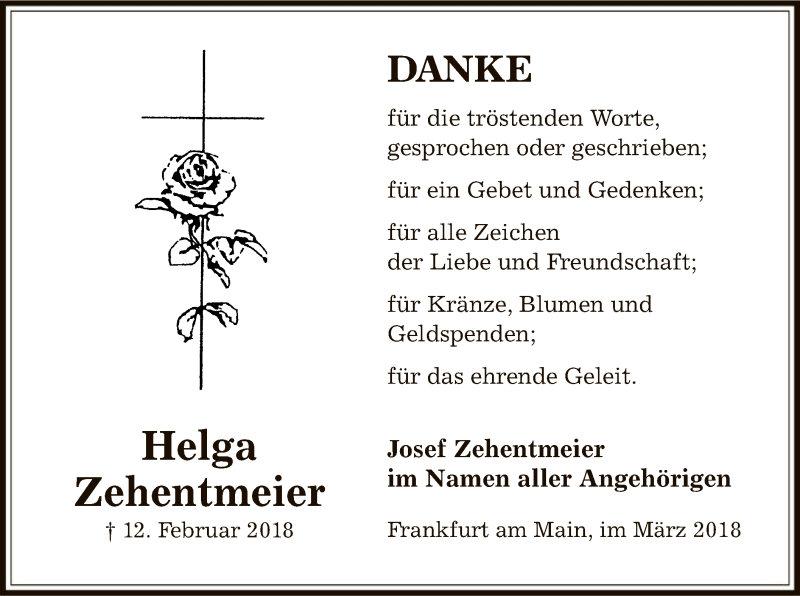  Traueranzeige für Helga Zehentmeier vom 22.03.2018 aus Offenbach