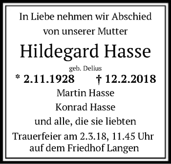 Traueranzeige von Hildegard Hasse von Offenbach